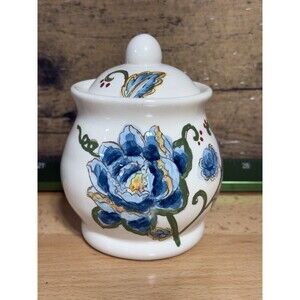 🔥RARE- Maxcera Blue Jacquard Rouge Canister/cookie Jar Floral Motifs Hand Paint